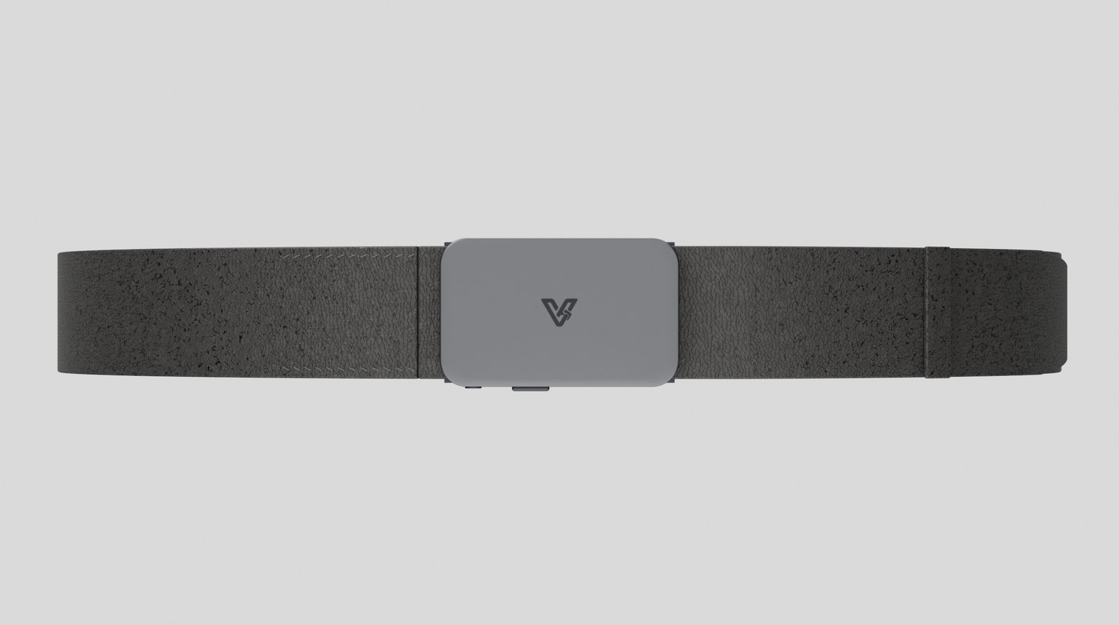 Straight-on front view of the Vyldor belt: a 66 mm wide graphite buckle centred on a 37 mm black full-grain leather strap